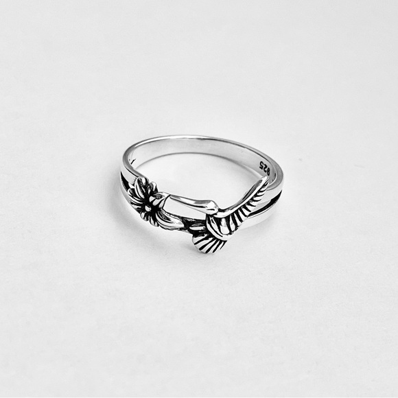 Sterling Silver Flower and Hummingbird Ring, Bird Ring, Silver Rings, Animals - Picture 10 of 14